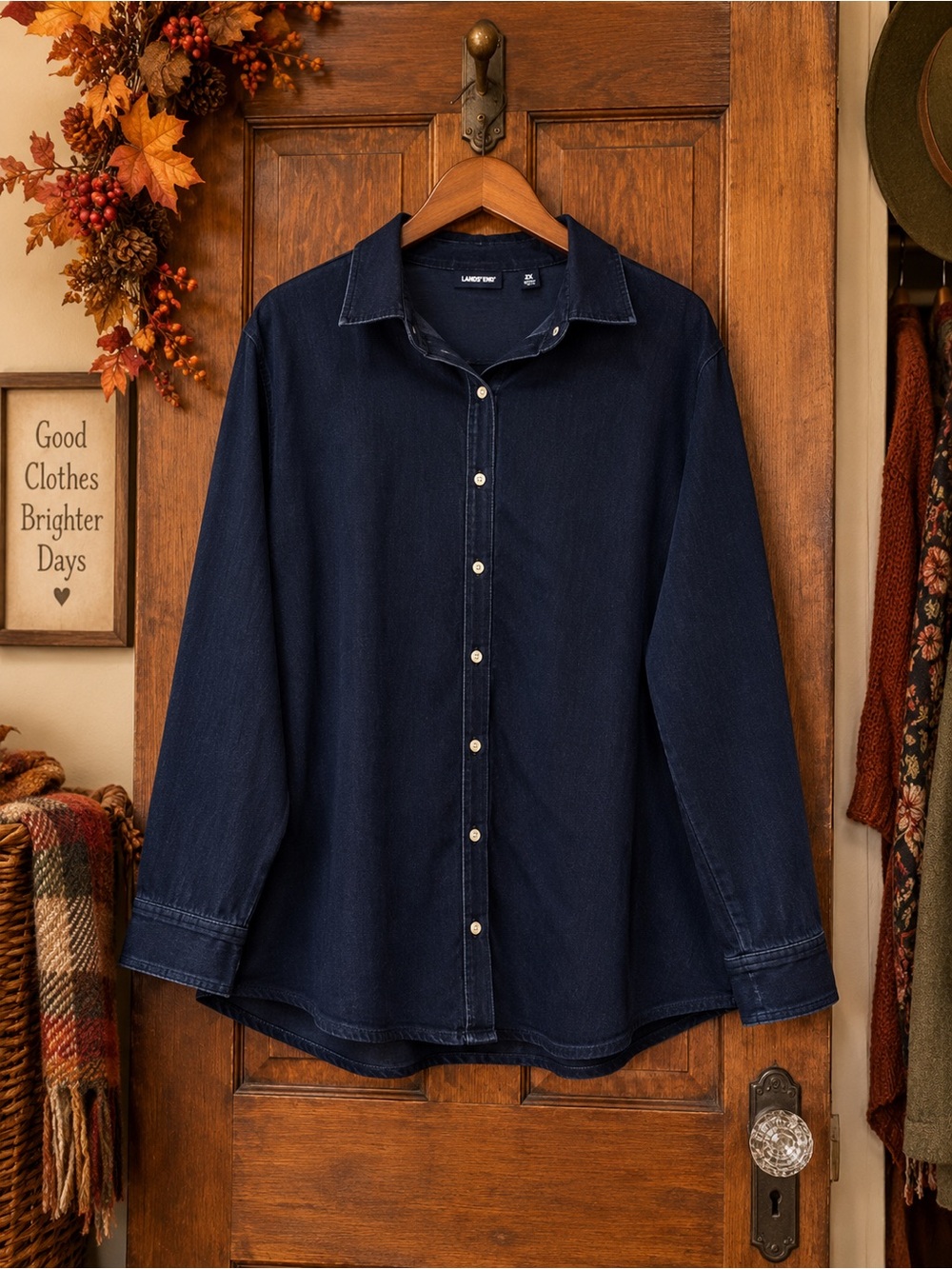Lands’ End 2X Stretch Denim Button Down Shirt Indigo Blue Plus Size